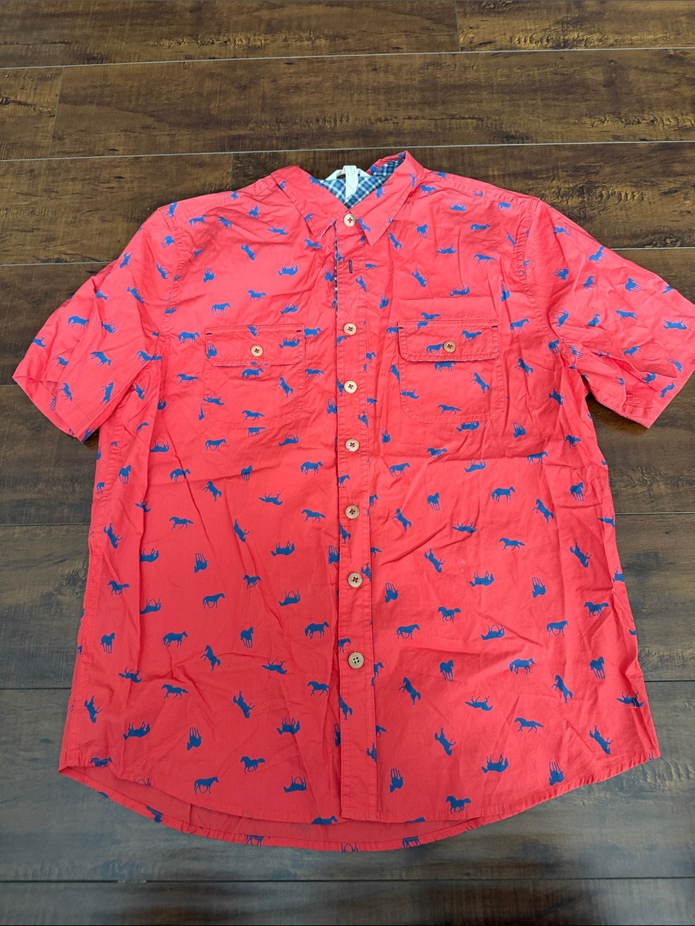 Matilda Jane Coral Red Short-Sleeve Button-Down Shirt with Blue Animal Print